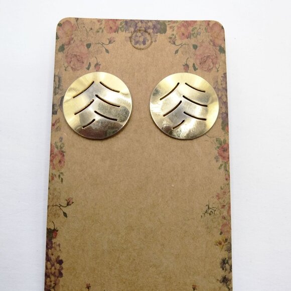 Gold Tone Round Pierced Earrings Disc Cut Out Post - Picture 1 of 6